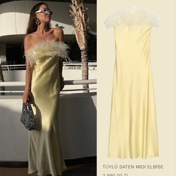 Zara Dresses & Skirts - ZARA WOMAN SS25 GREEN FEATHERED SATIN MIDI DRESS MEDIUM M VIRAL 2168/002/500